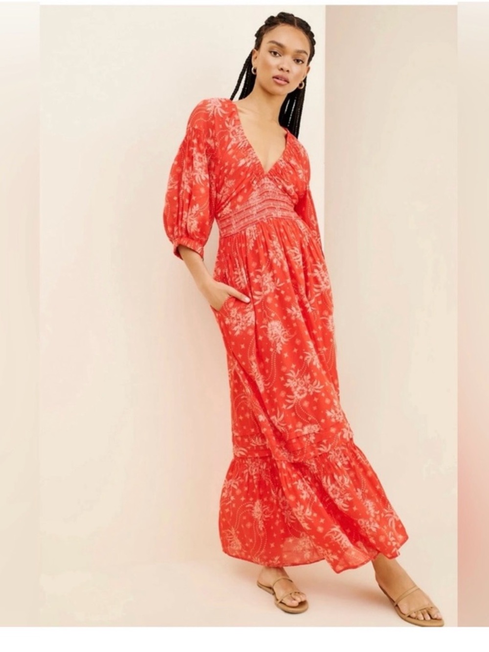 Free people Red Floral V-Neck Maxi Dress